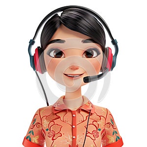 Call center Indonesian female agent talking. 3d character. Front view. Young woman in orange shirt with a headset. Customer