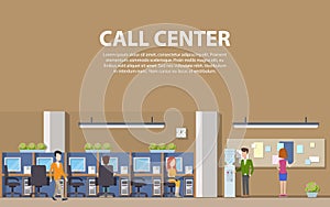 Call center interior with consultants for social assistance and computers.