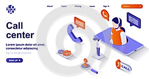 Call center isometric landing page. Customer support isometry concept. Hotline operator in headset consults client in chat 3d web