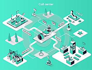 Call center isometric web banner. Hotline operators in office flat isometry concept. Online customer support