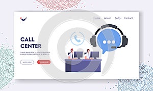 Call Center Landing Page Template. Telemarketing Hotline Operator Characters, Consultation. Technical Online Support