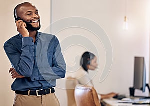 Call center, laughing and man with headset for customer service, crm or telemarketing support. Black person, consultant