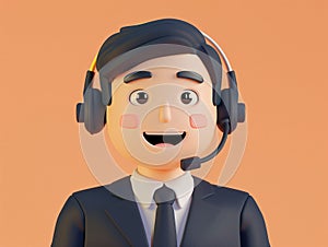 Call center male agent. 3d illustration character. Man in suit with a headset. Customer support line