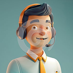 Call center male agent talking. 3d character. Freckled young man in white shirt with a headset. Customer support line