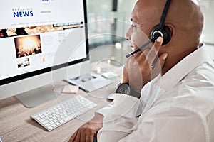 Call center, man and computer with online news advice for customer service communication. Hotline, operator and crm or