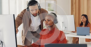 Call center, manager training black woman at computer and internship for customer service agent in office. Coaching