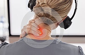 Call center, neck pain and injury with business woman in office for inflammation, burnout and stress. Accident, tired