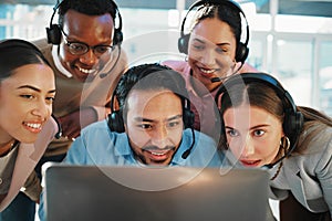 Call center, news and manager reading on computer or excited for online feedback on sales, goal and success. Crm