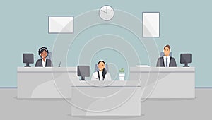 Call center office. Assistants team with headphones sitting at tables with monitors.Flat vector illustration. Customer care