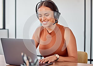 Call center, office and happy woman with laptop consulting for faq, about us or b2b networking. Telemarketing, customer