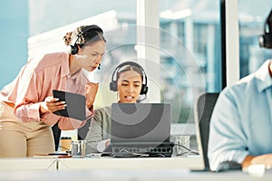 Call center, office training and women on computer for customer service, digital results and consultant feedback