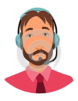 Call center operator avatar with headphone. Online support service assistant. Male customer help manager. Vector