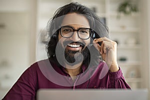 Call Center Operator. Closeup Portrait Of Happy Young Indian Man In Headset