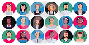 Call center operator. Customer support worker portrait, round avatar hotline contact and supporting person vector set