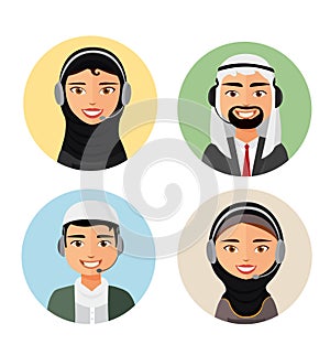 Call center operator with headset arab people icon and client services customer support phone vector arab man and woman.