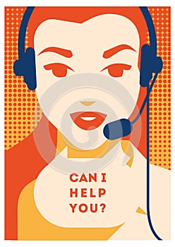 Call center operator with headset poster. Client services and communication, customer support, phone assistance.