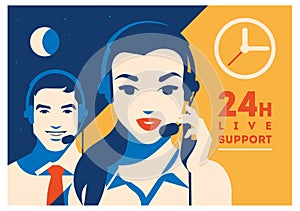 Call center operator with headset poster. Client services and communication, customer support, phone assistance.