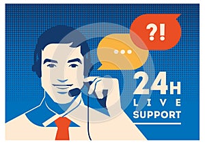 Call center operator with headset poster. Client services and communication, customer support, phone assistance.