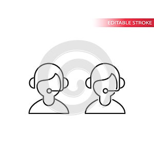 Call center operator, online support assistance with headset and mic thin line vector icon.