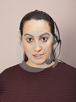 Call center operator with a surprised expression