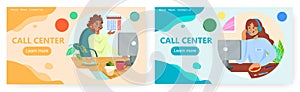 Call center operator using headset to talk by phone. Customer service concept vector illustration. Black man works in