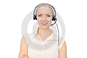 Call center operator or young beautiful business woman in headset isolated over white background