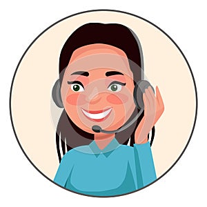 Call center operator.A young brunette girl communicates with a client on headphones with a microphone smiling.