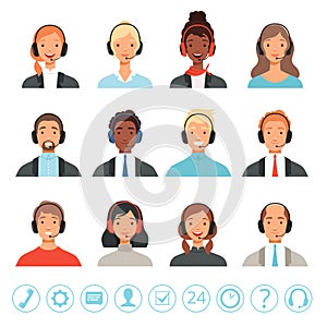 Call center operators avatars. Male and female customer service contact help managers vector web pictures