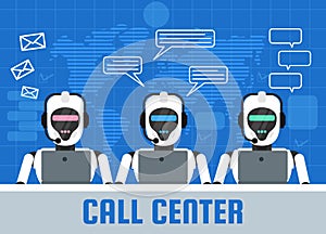 Call center operators. robots android at work place with laptop