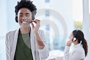 Call center, portrait and black woman in office for crm, telemarketing and customer service on blurred background. Face