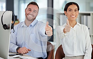 Call center, portrait and business people in office with thumbs up for contact us, offer or customer service