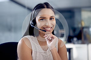 Call center, portrait and smile of indian woman in telemarketing office at night for consulting. Contact us, customer