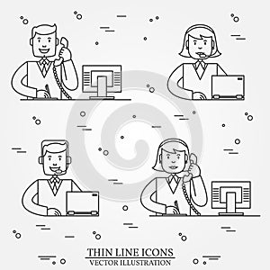 Call center question answer service outline thin line icons set