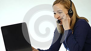 Call center representative talking on helpline, Headset telemarketing positive female call center agent at work. slow