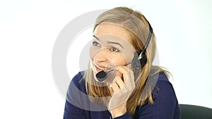 Call center representative talking on helpline, Headset telemarketing positive female call center agent at work. slow