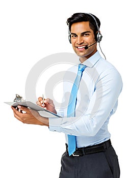 Call Center Representative Writing On Clipboard