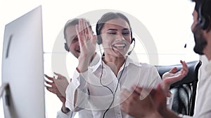 Call Center Sales. Happy Woman Operator After Successful Deal