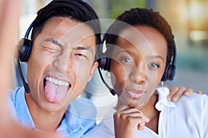 Call center, selfie and business people tongue out in office consulting for crm, contact us or customer service