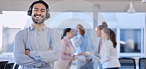 Call center, smile and portrait of customer service agent with headset, mockup and happy face in support office. Smiling