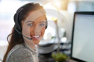 Call center, smile or portrait of happy woman at computer for customer service, help desk or consulting. CRM, mockup or