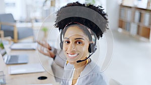 Call center, smile and portrait of woman in office for customer service, support or help desk. Contact us, crm and face