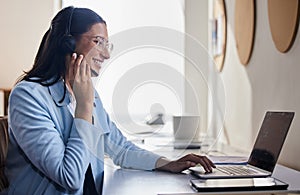 Call center, smile and woman with laptop in office for telemarketing, ecommerce and communication. Happy, consultant and