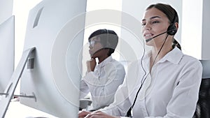 Call Center. Smiling Woman In Headset Working At Computer