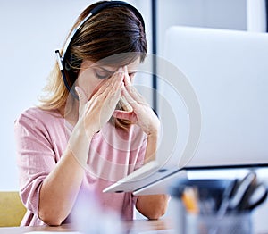 Call center stress, anxiety or woman with headache pain with burnout, depression fatigue in telecom company. Mistake