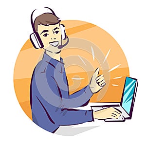 Call center support illustration, man in handsfree headphones working on laptop and showing thumb up