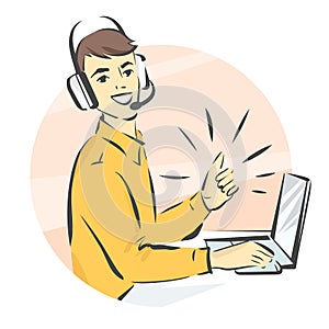 Call center support, illustration, man in handsfree headphones working on laptop and showing thumb up