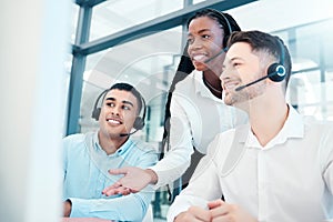Call center, team and coaching mentor for telemarketing, customer service or sales at the office. Happy employee agents