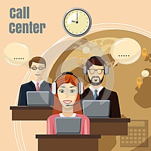 Call center team concept, cartoon style