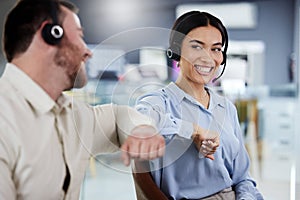 Call center team, elbow bump and communication in office, hello or greeting with connection, contact and support. Help