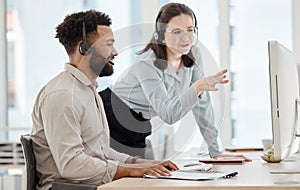 Call center, team manager and employee training on computer monitor for company advice, goal or target communication